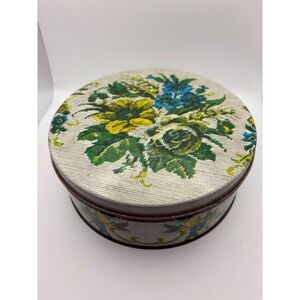 Vintage Atlantic Can Co Floral Needlepoint Print Metal Tin Round Blue Yellow 8in